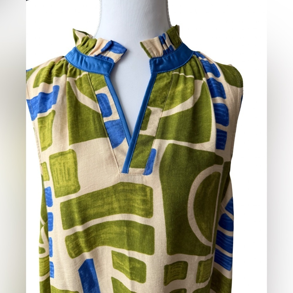 UMGEE BOHO GEOMETRIC PRINT SLEEVELESS
TIERED MINI DRESS GREEN BLUE SIZE M - Picture 4 of 12